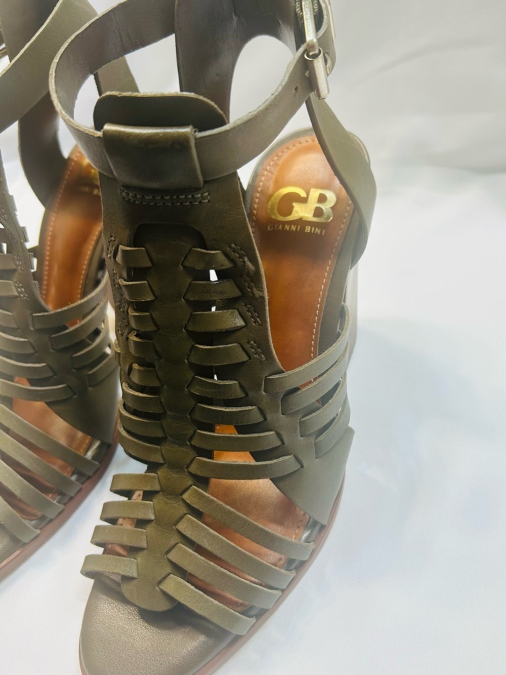 Gianni Bini Olive Woven Strappy Leather Heel Sandals